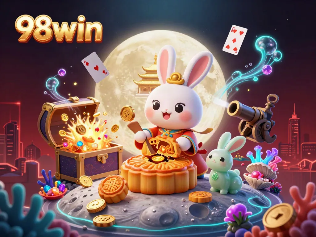 Dive into the excitement of 98win with vibrant scenes of casino action featuring a moon rabbit, poker chips, and treasures.