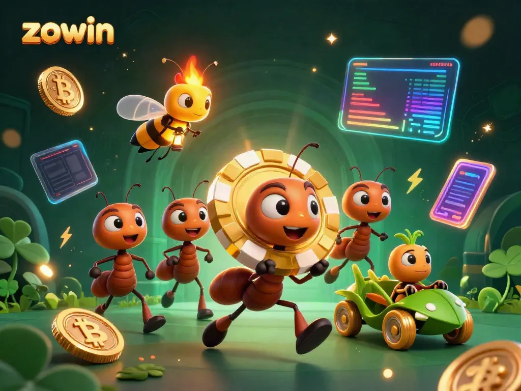 Zowin unlocks exciting gaming adventures with ants carrying a large poker chip amid neon digital elements