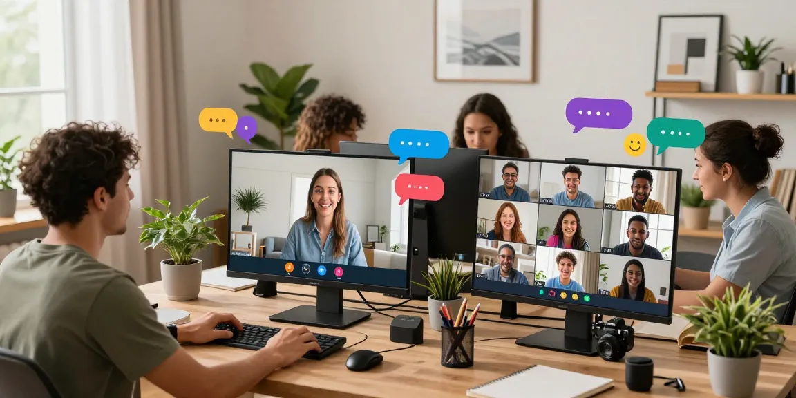 Engaging virtual chat scene depicting juicy chat among diverse users in cozy home offices.