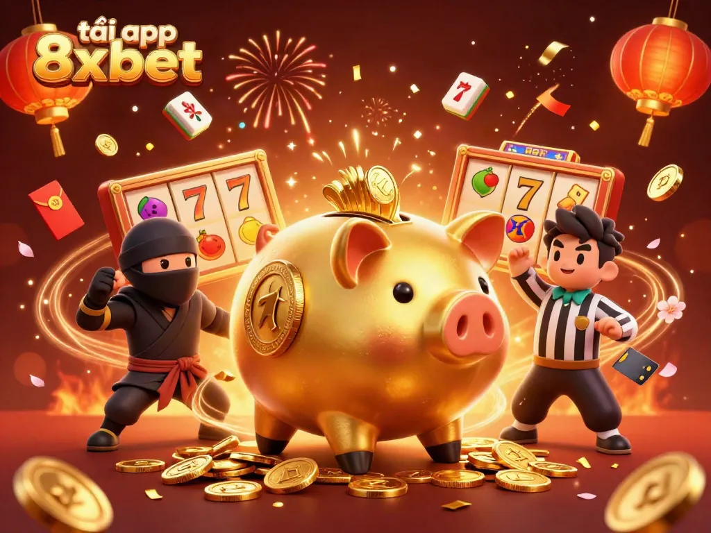 Engage in gaming excitement with the dynamic scene showcasing tải app 8xbet featuring unique casino characters and elements.