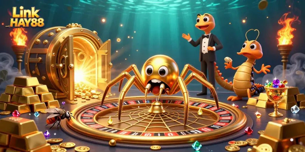 Engage in thrilling bets at Link HAY88 with a 3D illustration of a spider-themed roulette scene.