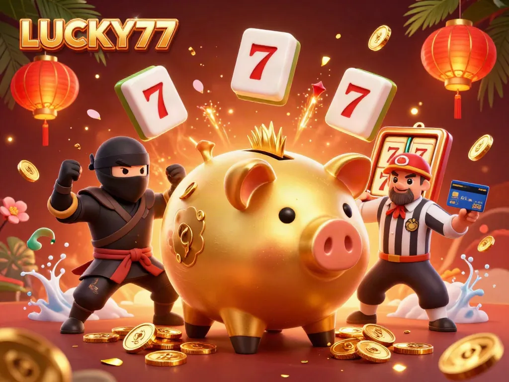 Experience LUCKY77 in a vibrant 3D casino scene filled with dynamic characters and festive elements.