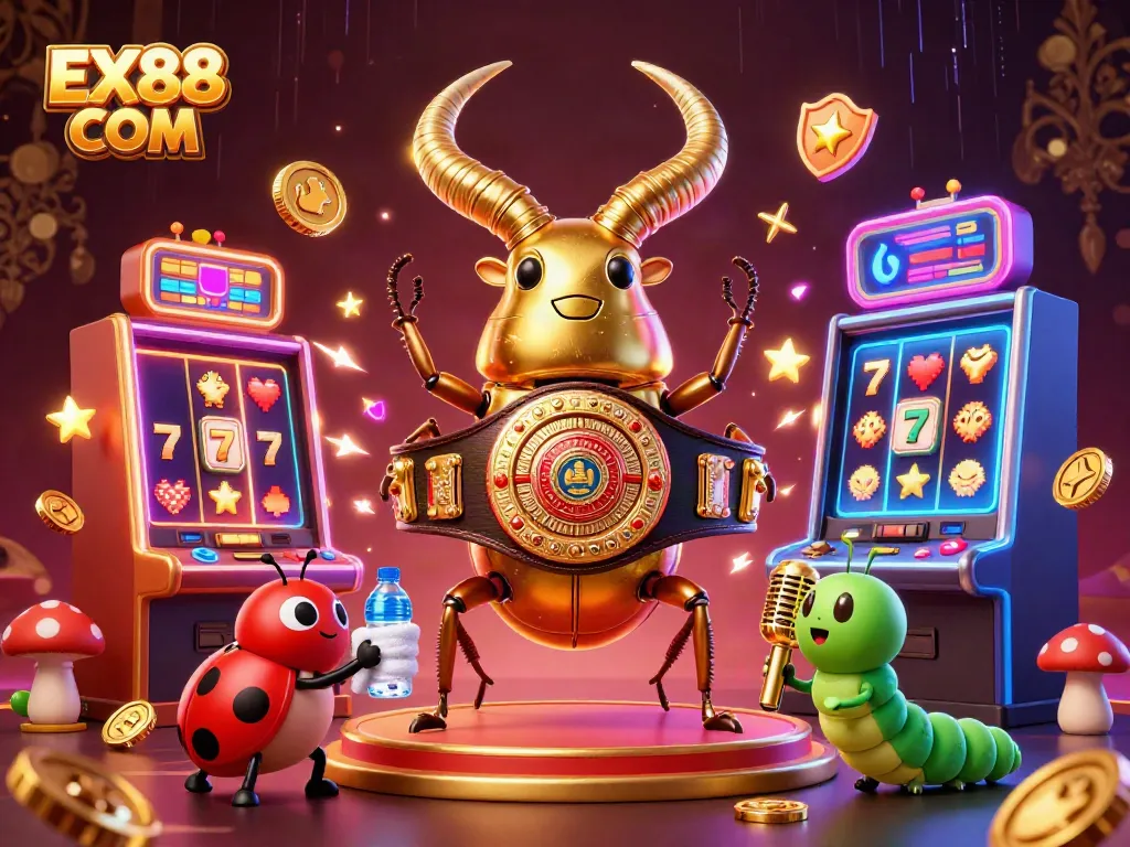 Join the excitement with EX88 COM in this dynamic casino-themed illustration featuring colorful slot machines.
