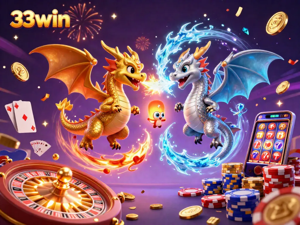 Experience the thrilling world of 33win with dragons and casino excitement in this vibrant illustration.