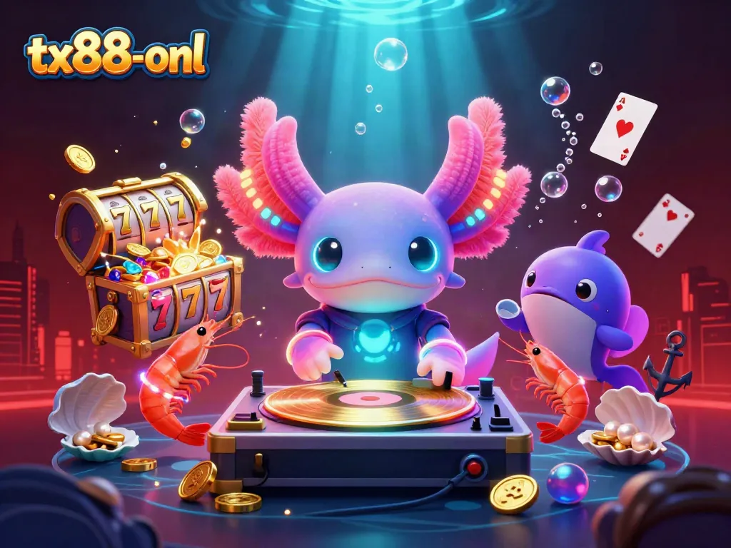 Experience the vibrant world of tx88-onl with a neon-colored axolotl DJ and lively underwater casino elements.