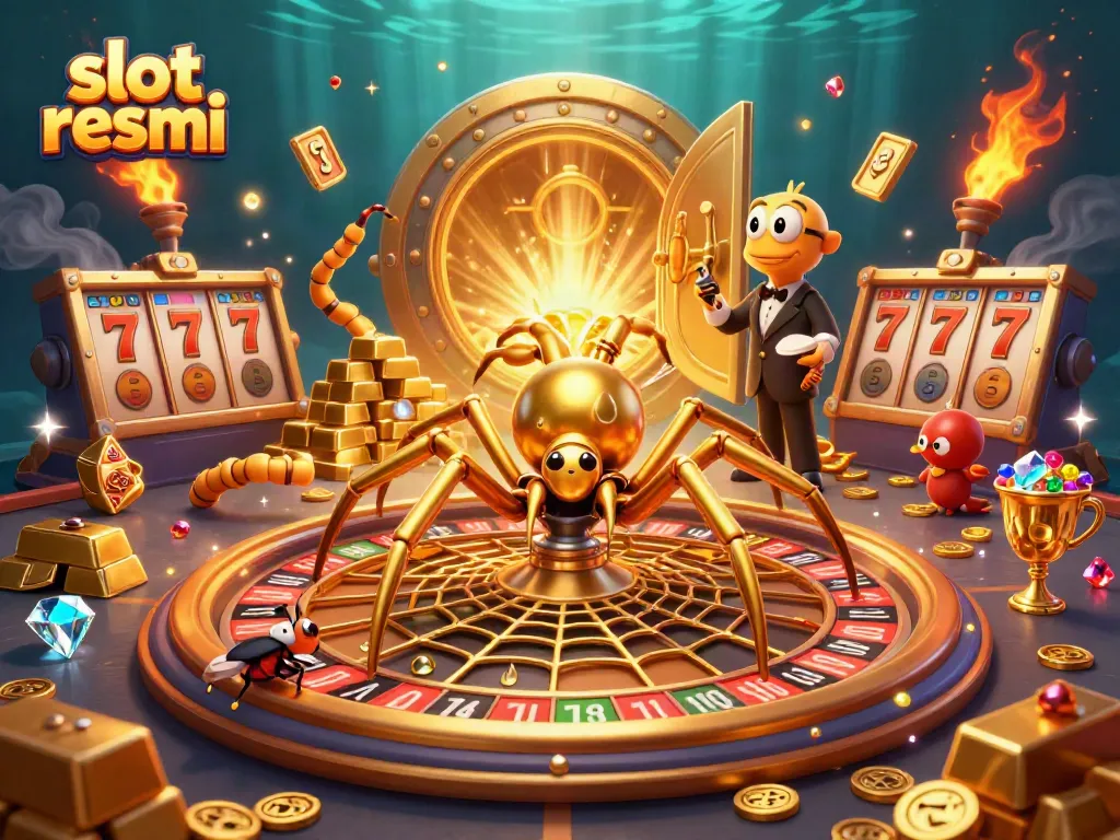 Experience slot resmi excitement with a golden spider, roulette wheel, and jackpot treasures.