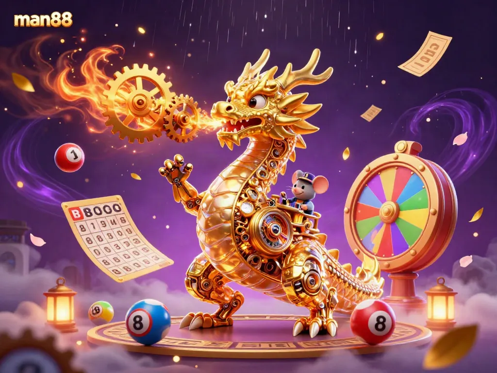 Engage with man88's vibrant gaming experience featuring a golden dragon and lottery elements in action.