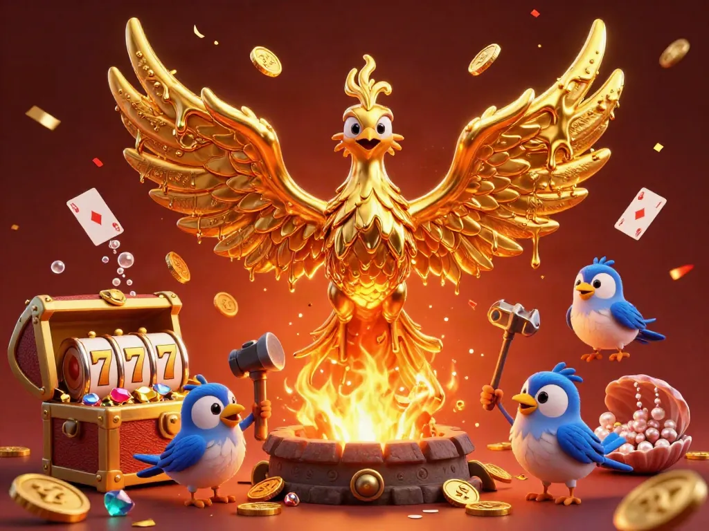 Feel the thrill of tk88 as a golden phoenix emerges amidst exploding treasure and celebratory elements.