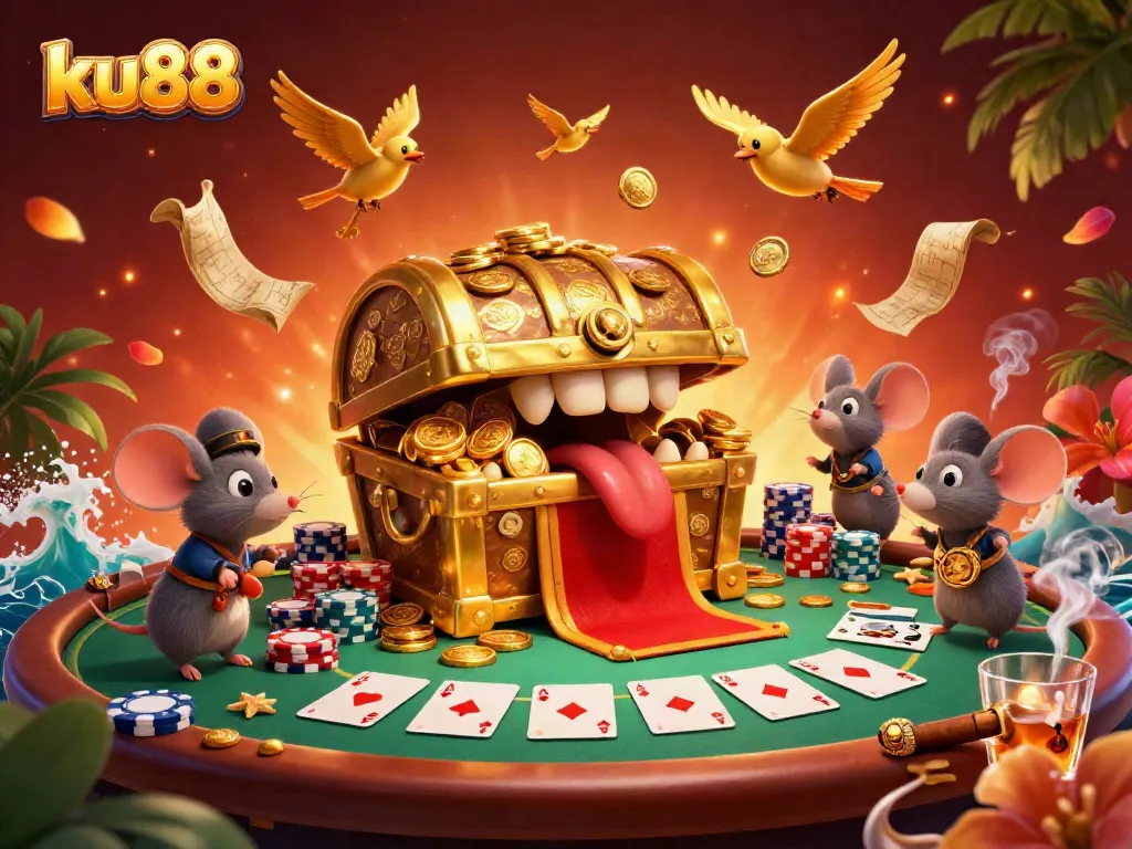 Experience thrilling wins with ku88’s dynamic casino adventure illustration, featuring vibrant characters and engaging gambling elements.
