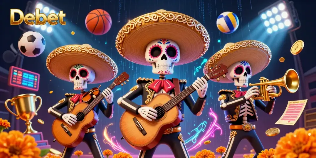 Experience the thrill of betting with Debet, featuring vibrant mariachis and sports elements in a dynamic casino scene.