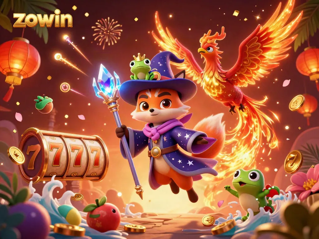 Experience the exciting world of zowin with a wizard fox, phoenix, and vibrant casino elements.