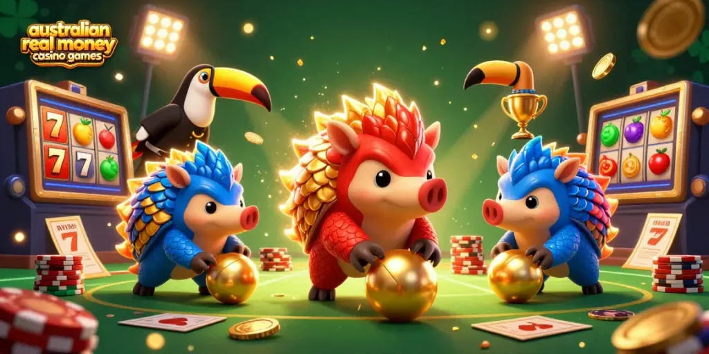 Experience thrilling australian real money casino games with dynamic pangolin rivals in a vivid illustration.