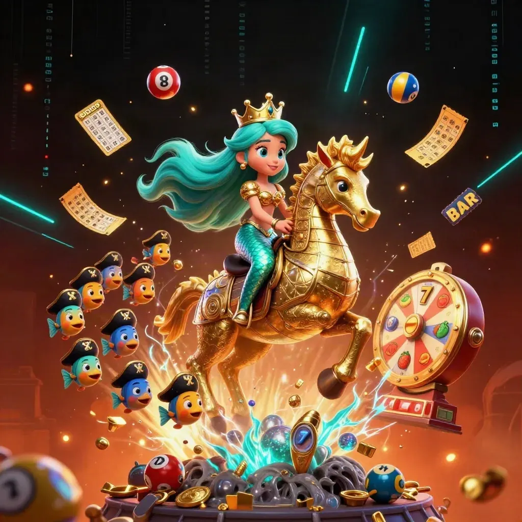 Mermaid princess on armored seahorse with pirate fish amid casino treasure and neon energy.