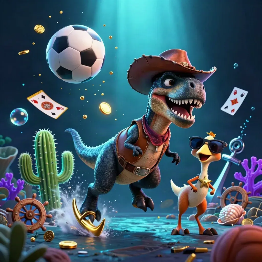 Cowboy T-Rex, cactus, and roadrunner explode through coins, balls, and glowing treasure.