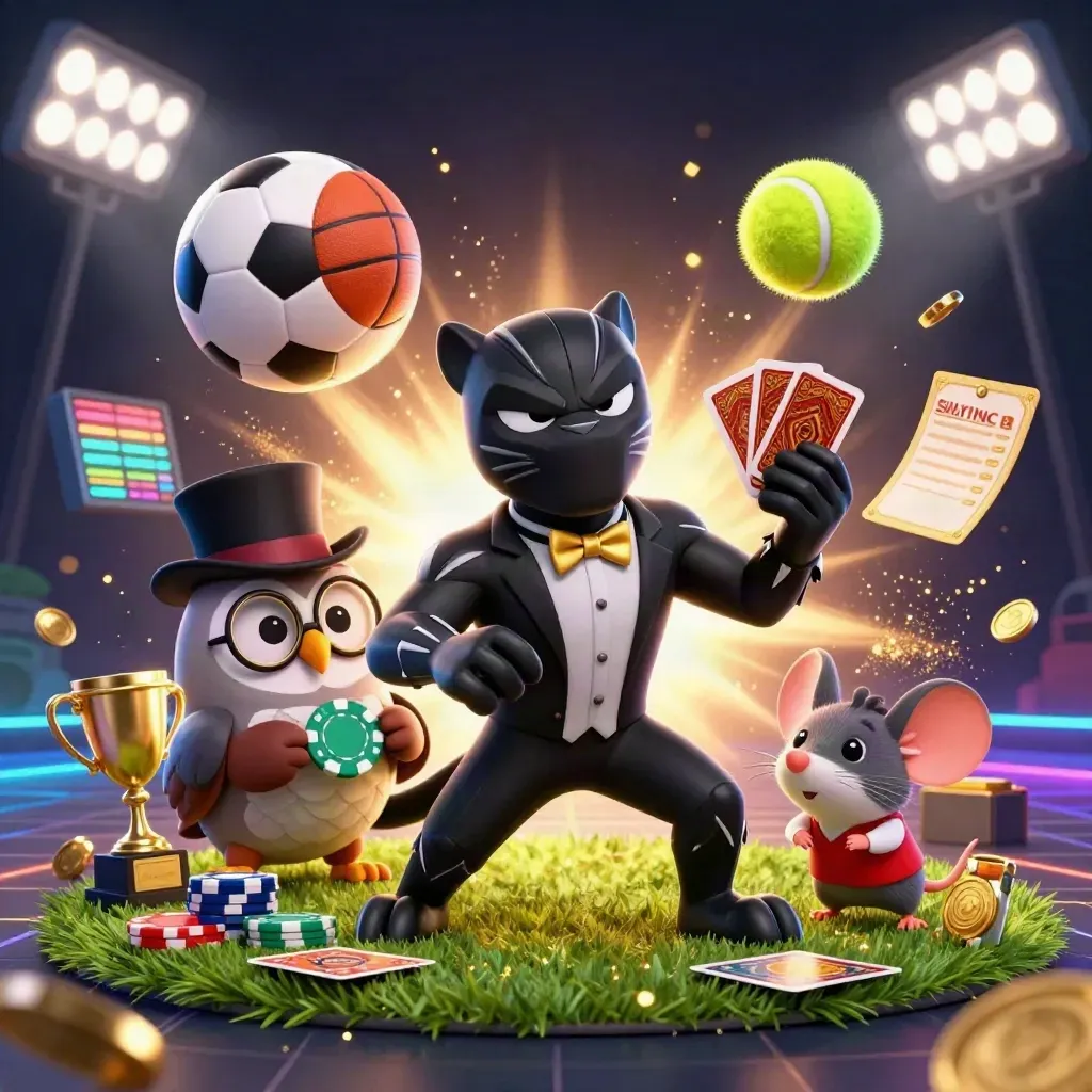 Black panther, owl, and mouse amid flying sports balls and casino chips in neon light