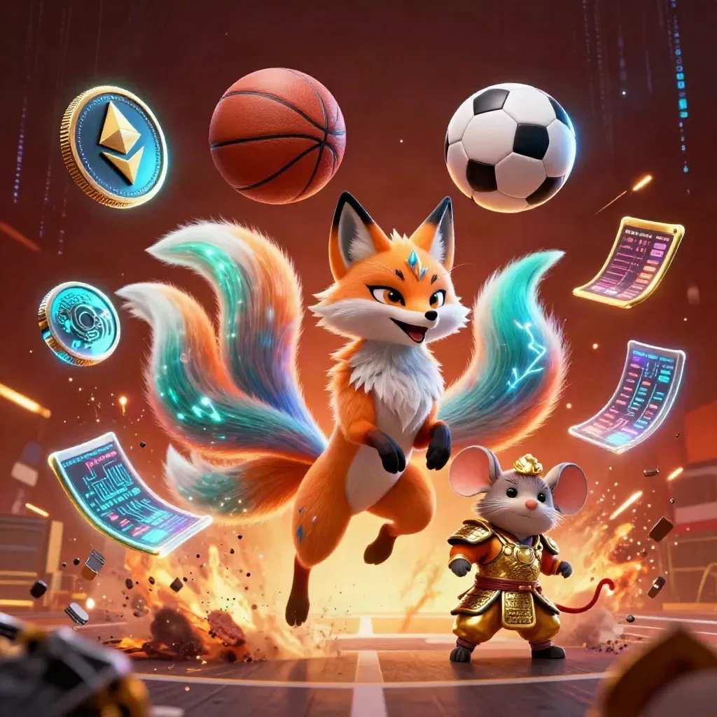 Neon fox spirit and gold-armoured mouse amid flying balls, coins, lightning, and ember glow.