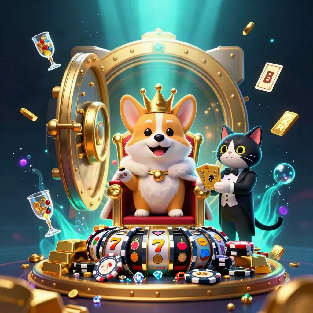 Royal corgi and cat butler amid a vault blast, gold, gems, reels, and teal glow