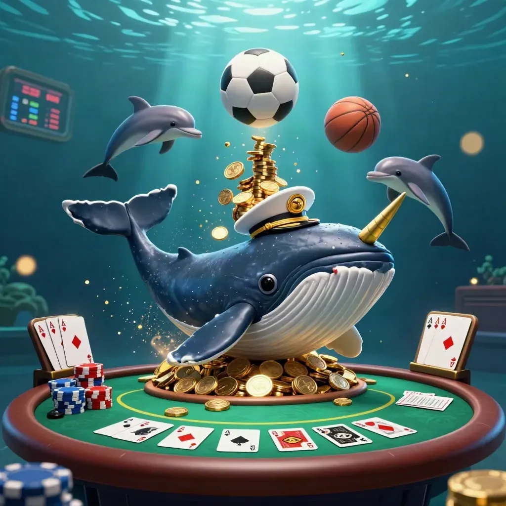 Whale, narwhal, and dolphins burst through casino coins with sports gear and gold light.