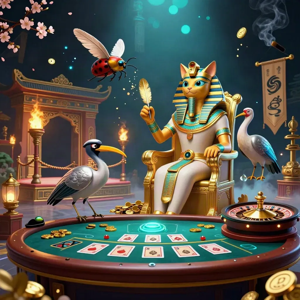 Pharaoh cat, ibis scribe, and gem-winged scarabs in a luxe neon casino scene.