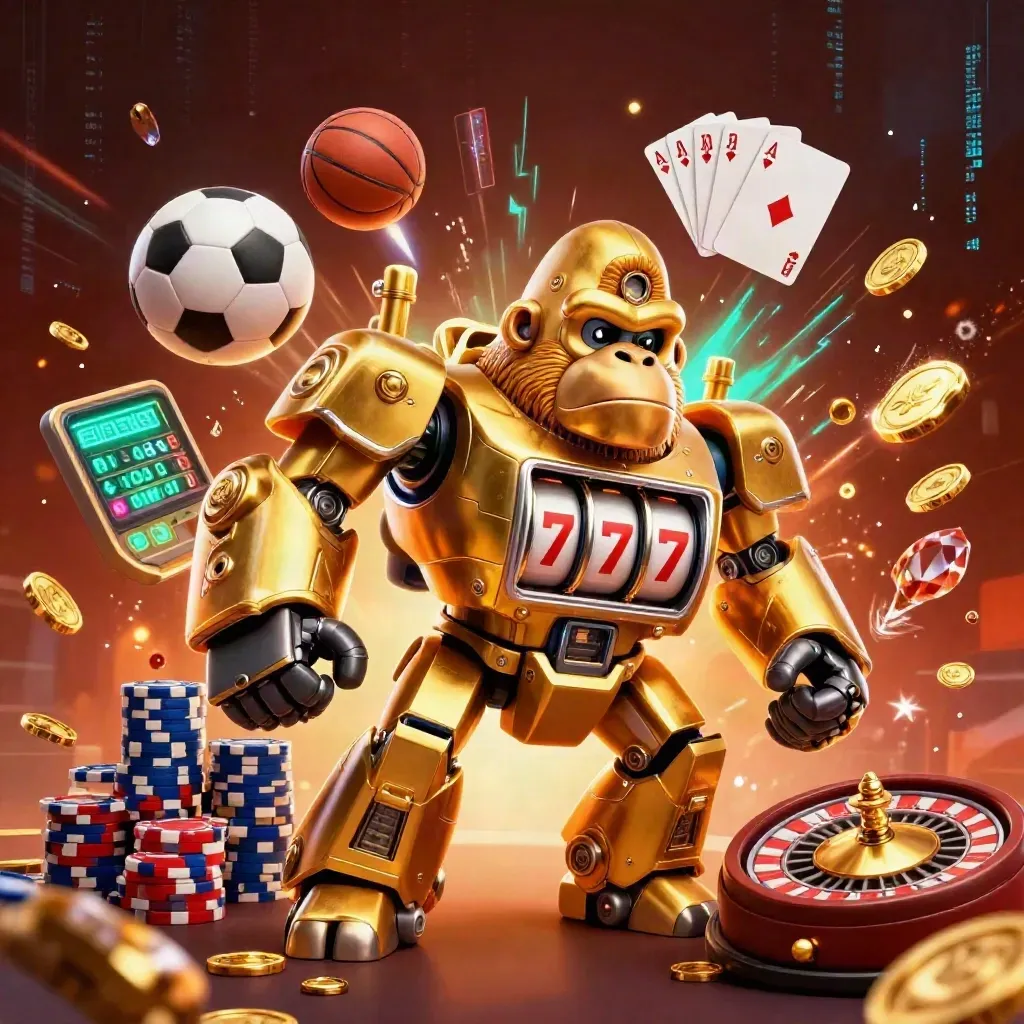 Golden gorilla mech, monkey pilot, flying sports balls, coins, chips, and neon casino energy.