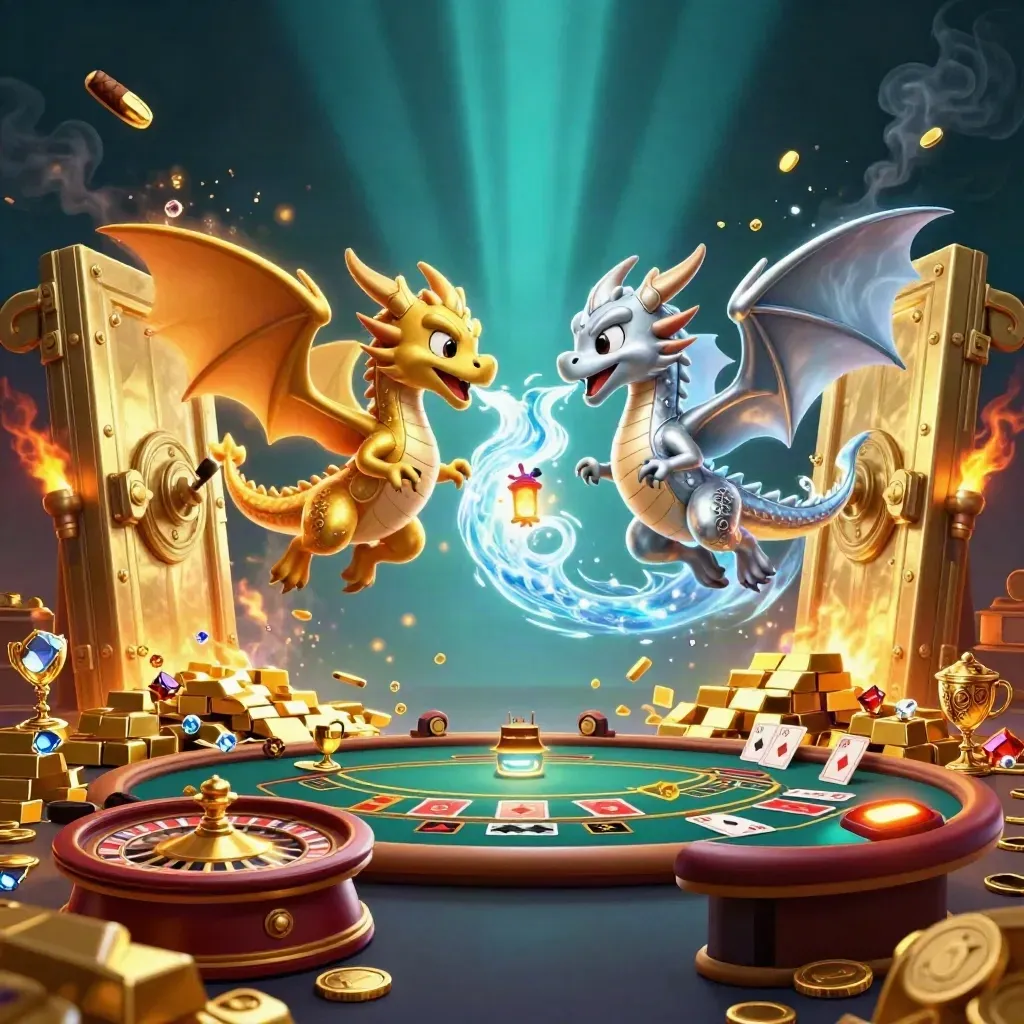 Twin gold and silver dragons whirl around a glowing vault amid casino treasures and teal-dark light.