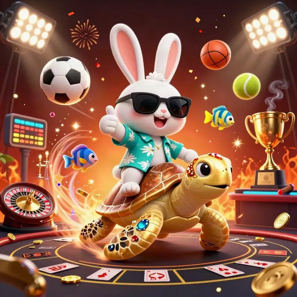 Lucky rabbit rides a gem turtle amid casino sports icons, fireworks, and glowing lights.