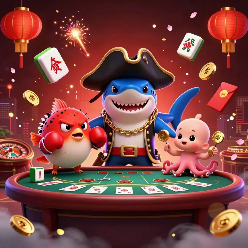 Cartoon shark pirate, pufferfish boxer, and baby octopus amid casino luxuries and glowing neon energy.