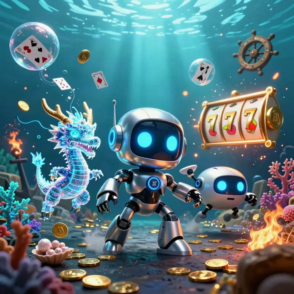 Cyberpunk robot, holographic dragon, and coin drone in a teal underwater treasure burst.