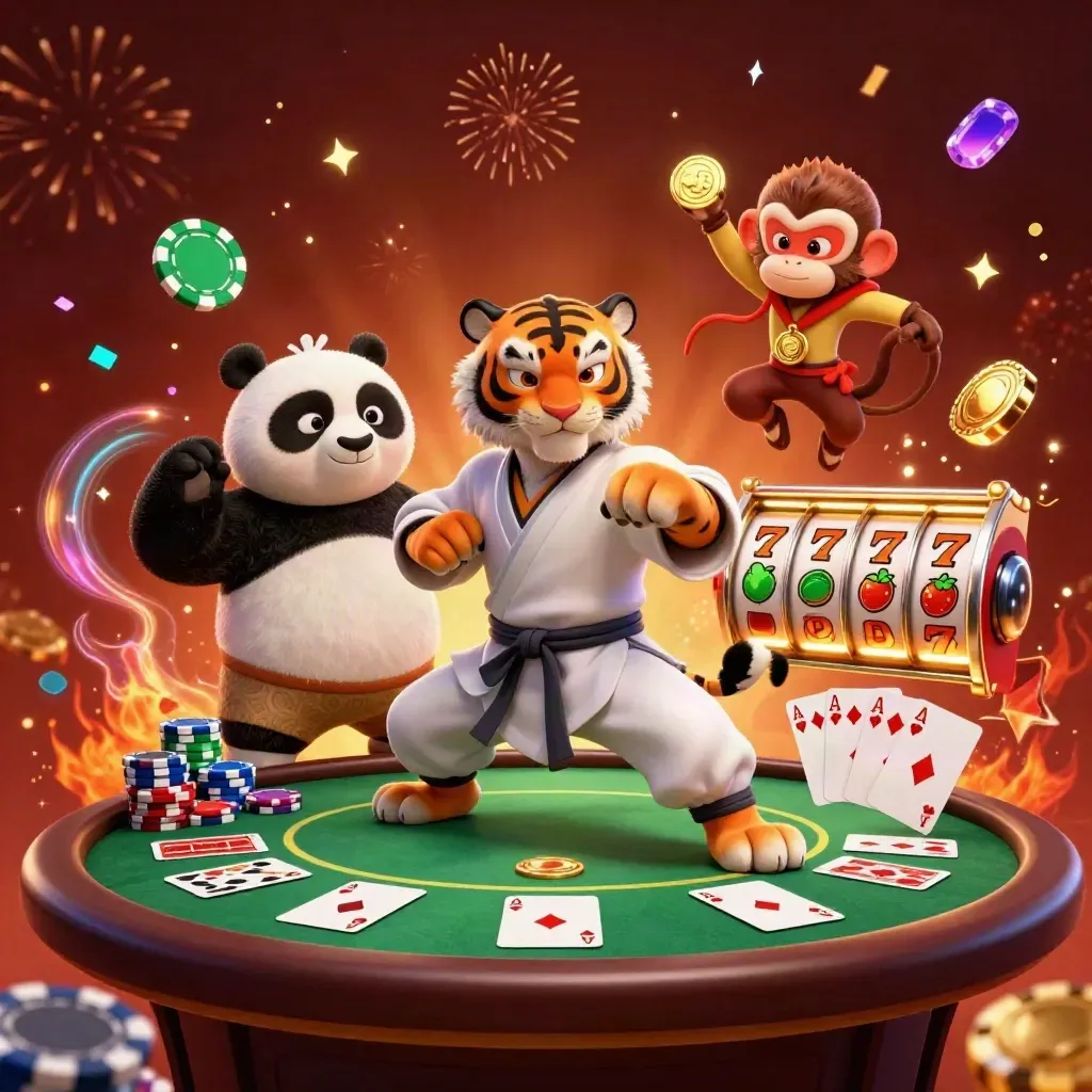 Kung-fu tiger, panda, and monkey amid casino chips, cards, fireworks, and gold bursts