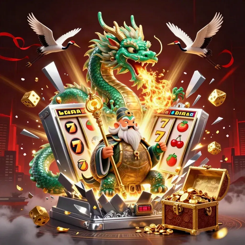 Jade dragon, turtle sage and cranes amid bursting slot-machine treasure and gold fire.