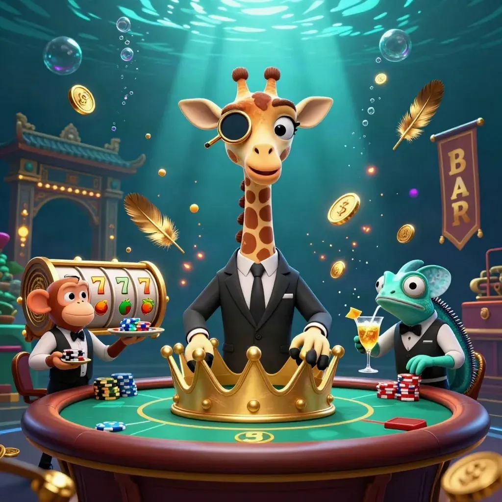 Giraffe, monkey and chameleon in a teal-lit underwater casino with gold treasure and neon glow.
