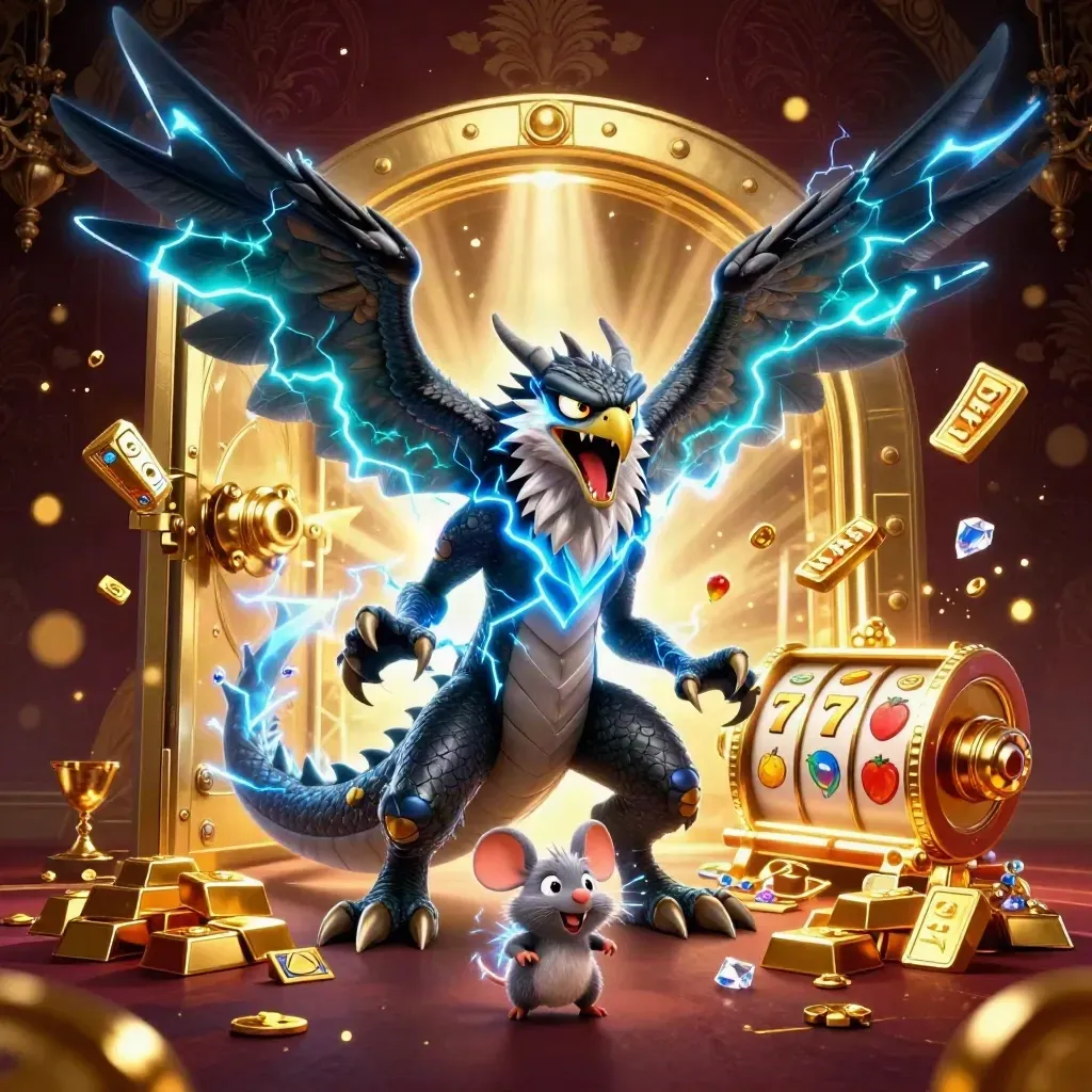 Thunder dragon, wind hawk, and static mouse burst from a golden vault with gems and gold