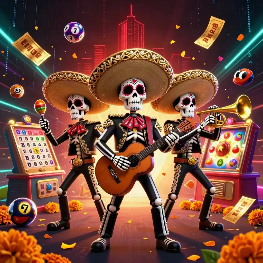Skeleton mariachi trio amid teal casino energy, gold props, and bursting lottery and jackpot effects.