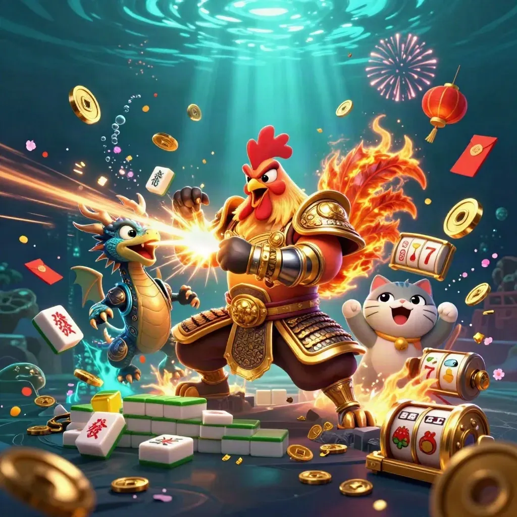 Rooster warrior, dragon hatchling, and fortune cat amid casino treasure, coins, fireworks, and teal underwater glow.