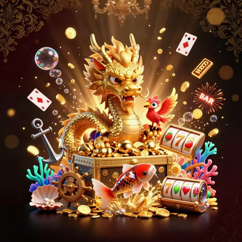 Golden dragon, phoenix, and koi burst from a treasure chest amid coins, coral, reels, and teal-gold glow.