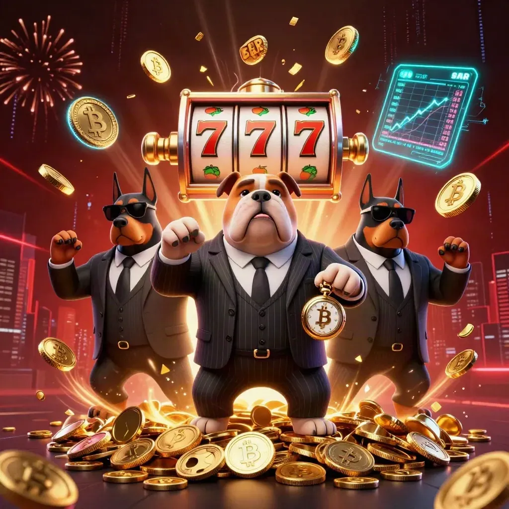 Bulldog boss and two Dobermans amid coins, crypto symbols, slots, neon explosions, and a dark casino skyline.