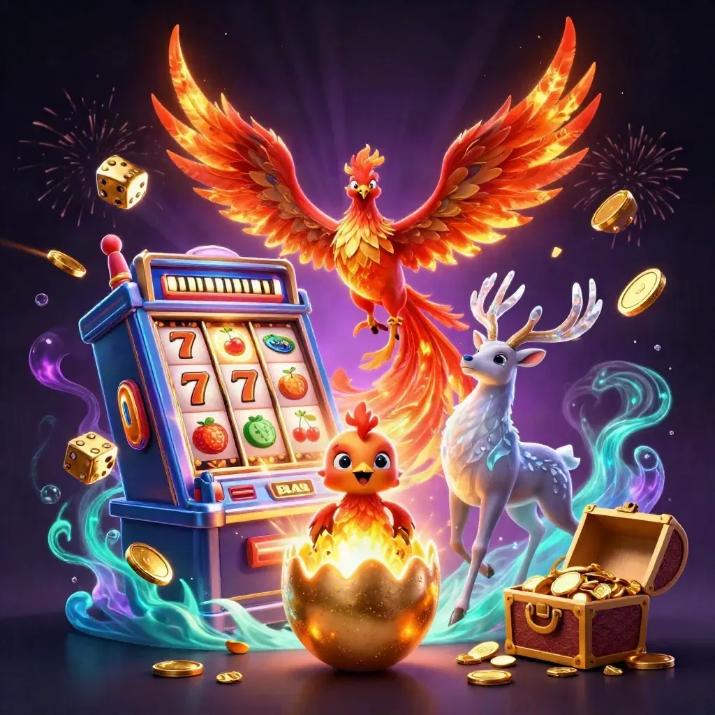 Phoenix, hatchling, and crystal-antlered stag amid a vault blast, coins, slot symbols, and gold.