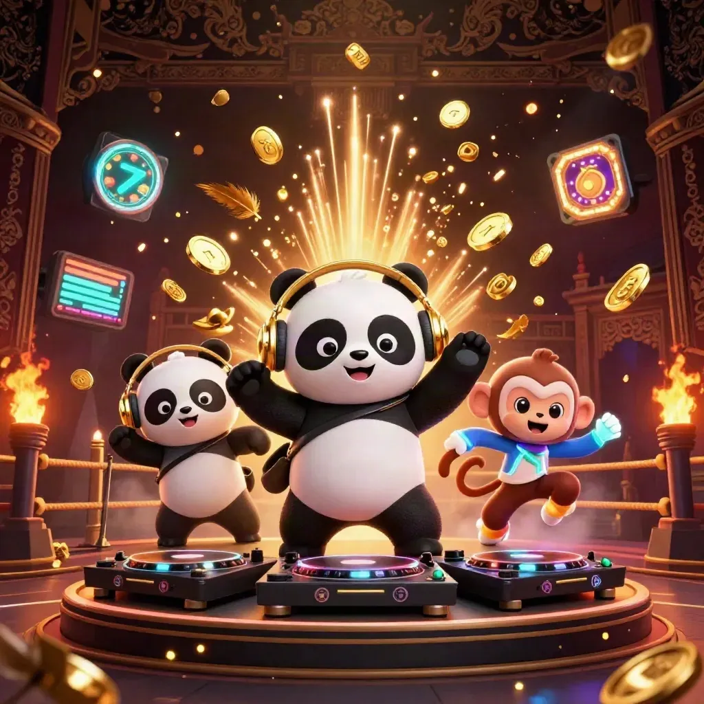 Panda DJ, dancing monkey, and neon kitten amid casino loot, fireworks, and gold coins
