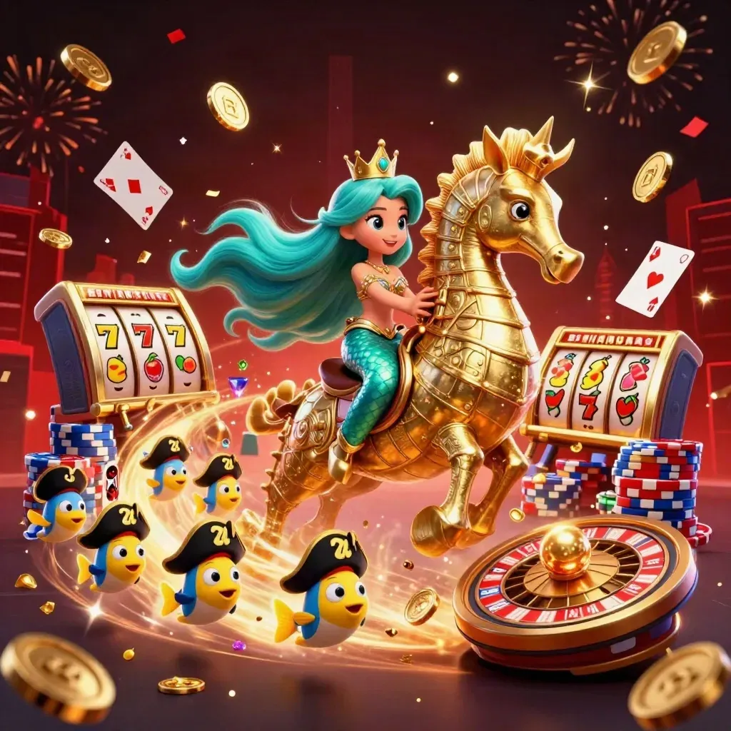 Mermaid princess on armored seahorse amid coins, cards, chips, roulette, and casino sparks.