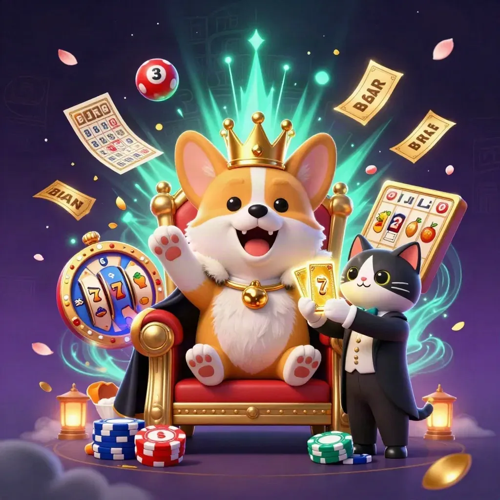 Royal corgi and cat butler amid casino reels, chips, and glowing jackpot effects.
