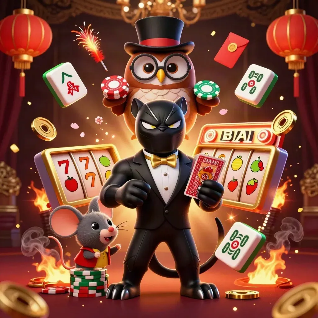 Panther, owl, and mouse in a luxe casino burst of cards, chips, lanterns, and teal-gold glow.