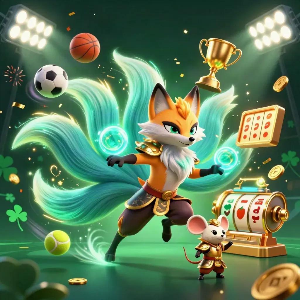 Neon nine-tailed fox spirit with armored mouse amid casino and sports bursts