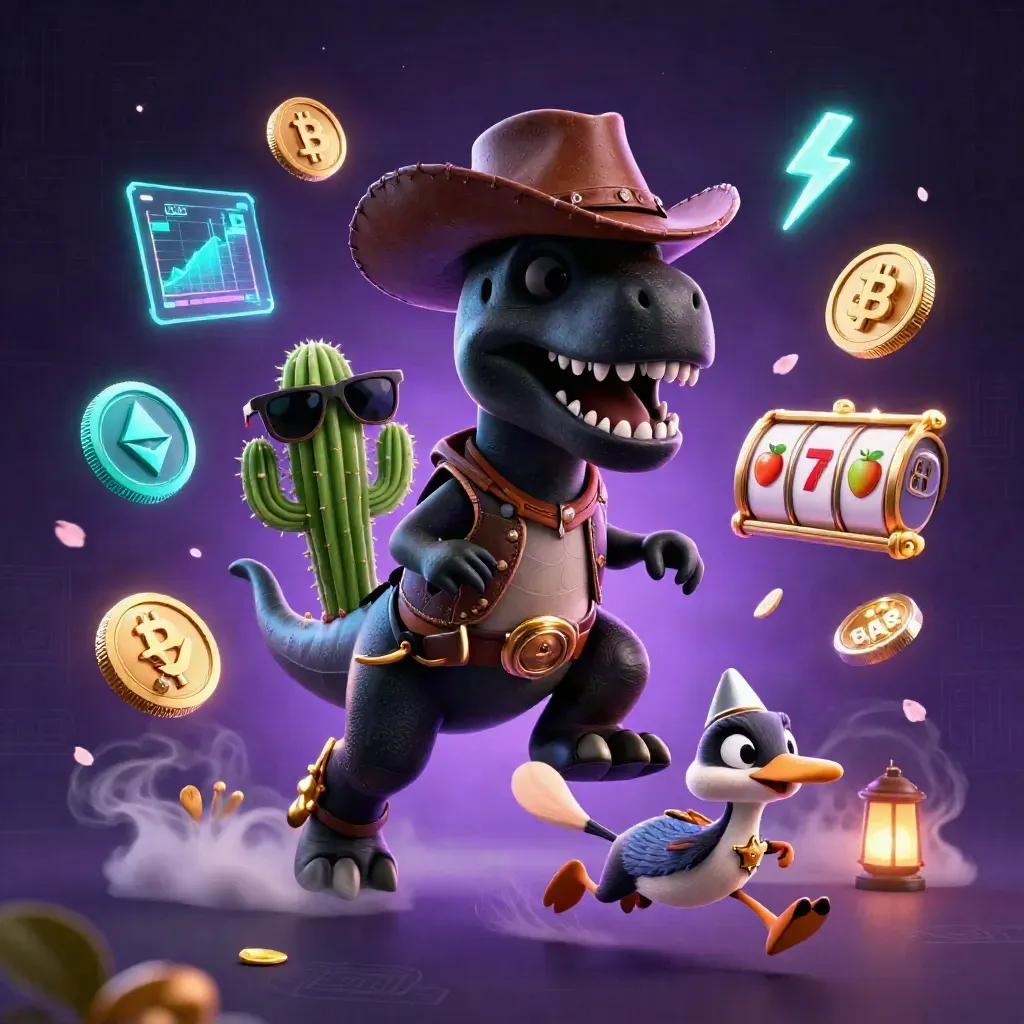 Cowboy T-Rex, cactus sidekick, and sheriff roadrunner amid neon casino coins and purple magic.