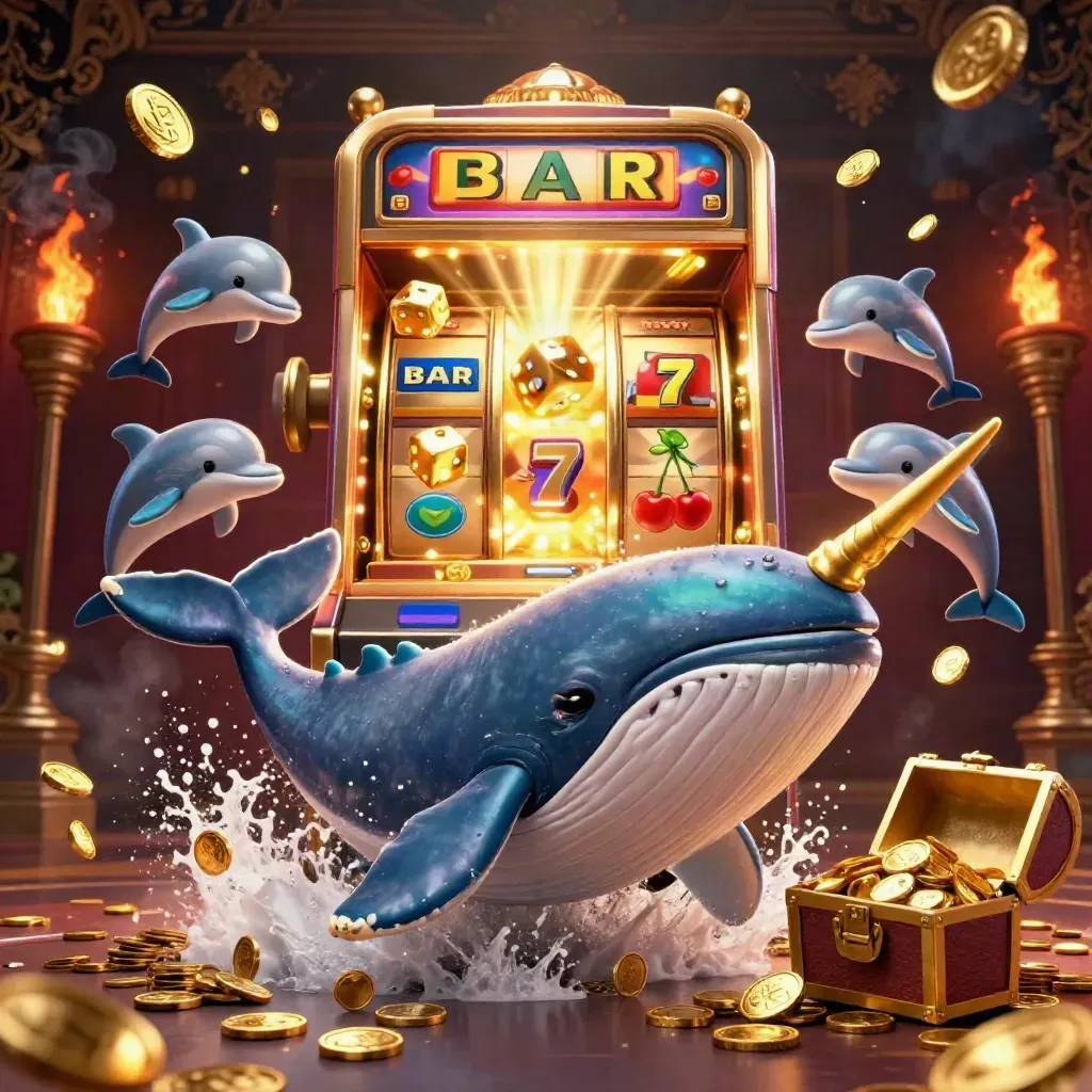 Captain whale, narwhal, and dolphins burst through gold coins amid slot reels and teal-gold casino glow.