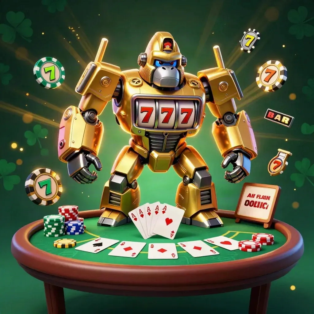 Golden gorilla mech with monkey pilot amid chips, cards, and neon casino glow