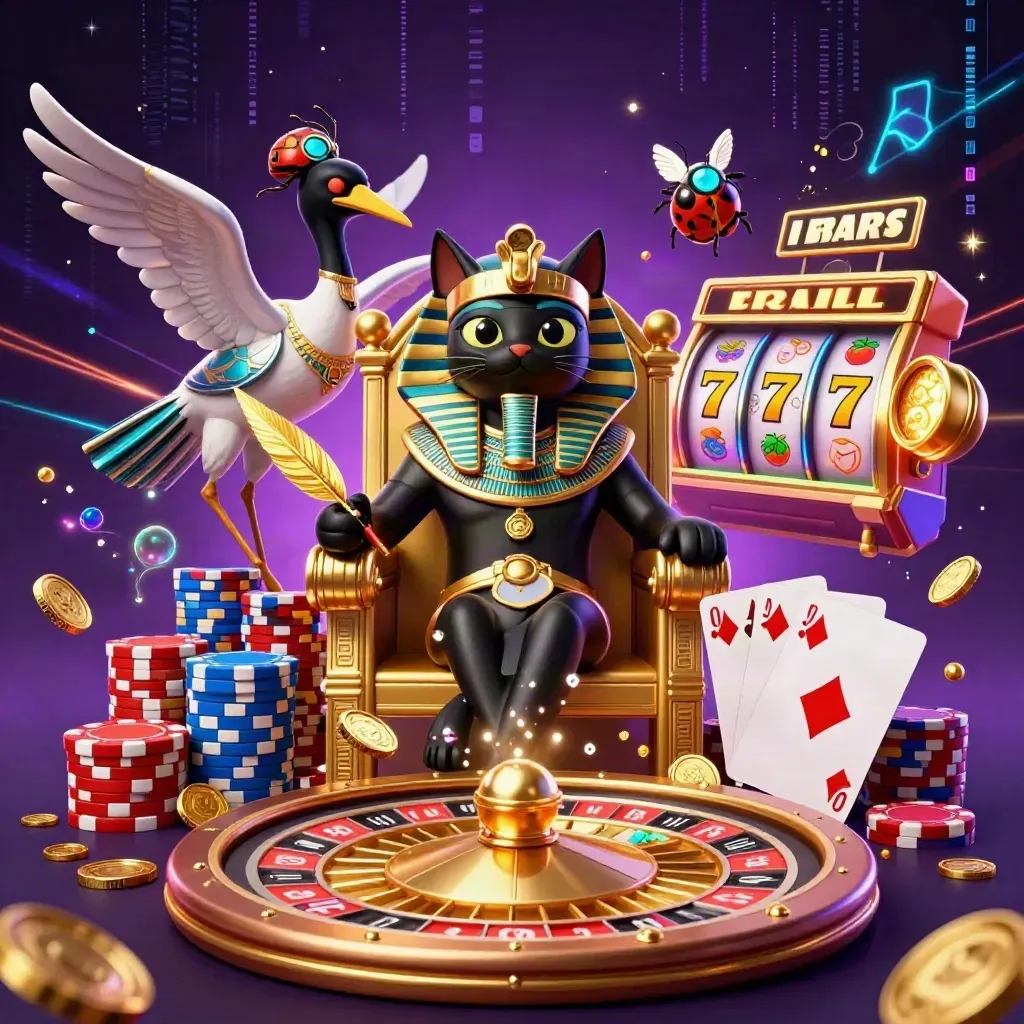 Pharaoh cat, ibis scribe, and jeweled scarabs amid casino coins, chips, and glowing reels.