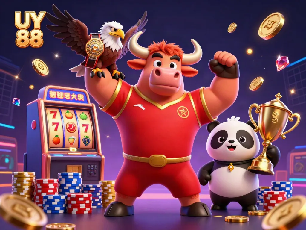 Experience the excitement of UY 88 with a vibrant casino-themed illustration featuring a bull mascot and friends.