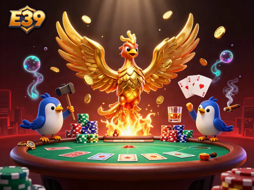 Experience the thrilling E39 casino atmosphere with a molten golden phoenix and lively poker action.