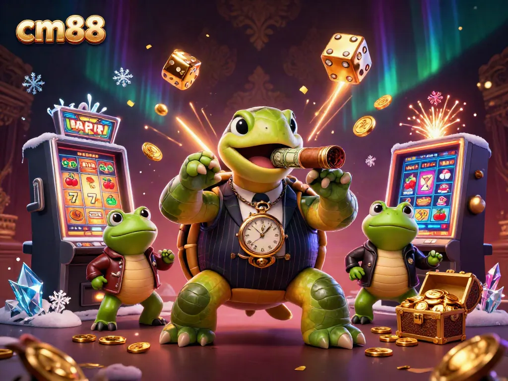 Experience a vibrant casino scene with cm88, featuring a cartoon turtle and frog enforcers among jackpots and colorful games.