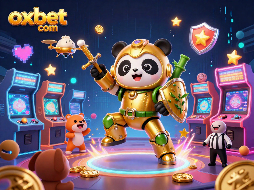 Engage with oxbet com at this vibrant casino scene featuring a mech-suit panda and dynamic gaming elements.